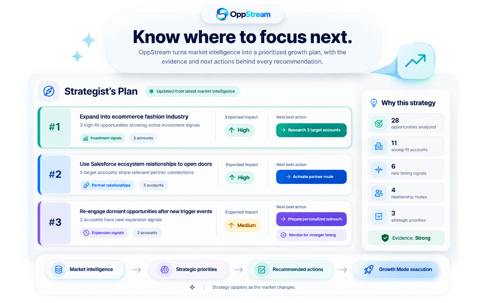 The Strategist's Plan showing ranked strategic priorities, the expected impact of each, the next best action, and the evidence the plan was built from
